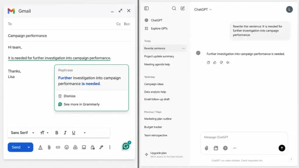 Screenshot-style comparison showing Grammarly correcting a sentence inline in Gmail and ChatGPT rewriting the same sentence in a chat window.