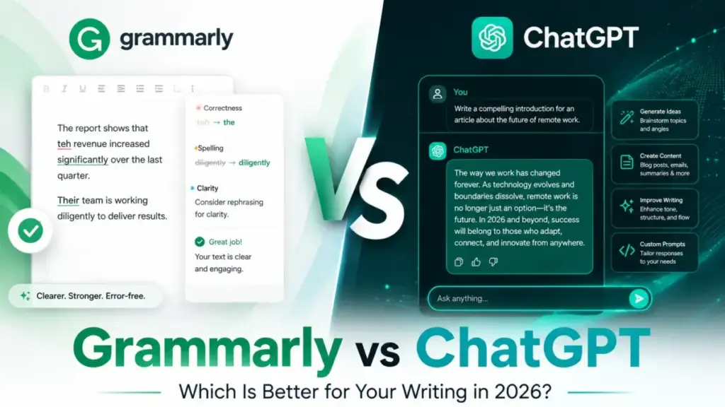 Featured image comparing Grammarly and ChatGPT for writing in 2026, showing grammar correction tools on one side and AI writing assistance on the other.
