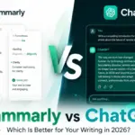 Featured image comparing Grammarly and ChatGPT for writing in 2026, showing grammar correction tools on one side and AI writing assistance on the other.
