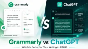 Featured image comparing Grammarly and ChatGPT for writing in 2026, showing grammar correction tools on one side and AI writing assistance on the other.