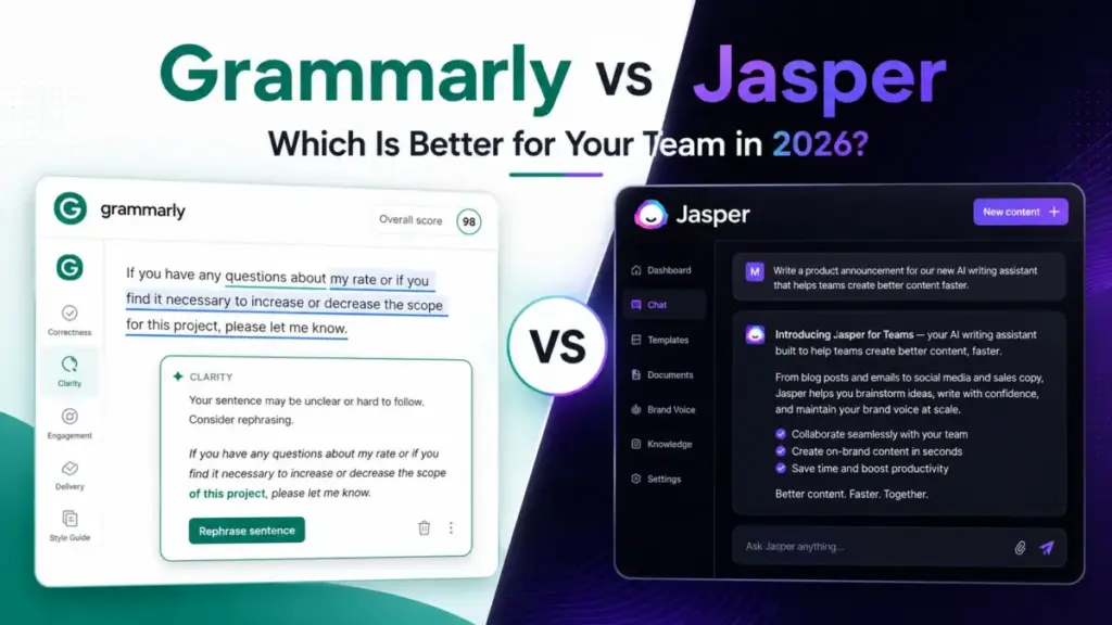 Featured image comparing Grammarly and Jasper for team AI writing workflows in 2026.