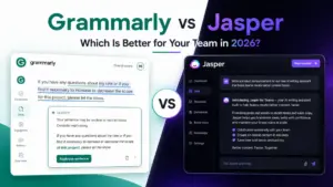 Featured image comparing Grammarly and Jasper for team AI writing workflows in 2026.