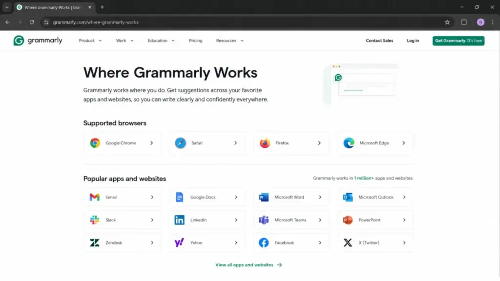 Grammarly Where It Works page showing supported browsers including Google Chrome, Safari, Firefox, and Microsoft Edge, with Opera and Brave absent.