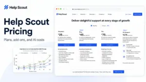 Help Scout Pricing featured image showing pricing plan cards for Standard, Plus, Pro, and AI Answers with a cost-at-scale chart.