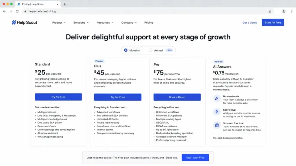 Help Scout pricing page mockup showing Standard, Plus, Pro, and AI Answers plan cards with monthly and annual billing toggle.