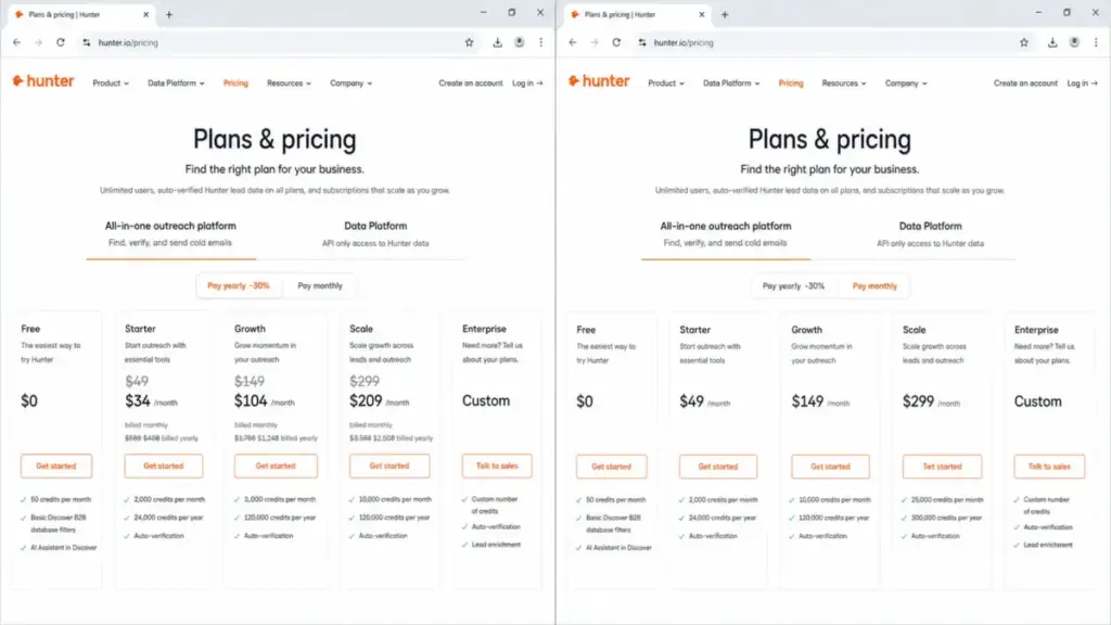 Hunter.io pricing page showing yearly and monthly billing toggle states