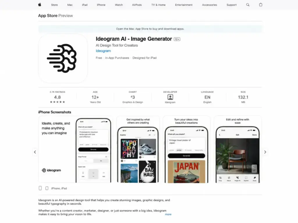 Screenshot-style mockup of the Ideogram AI Image Generator App Store listing showing developer Ideogram, iPhone and iPad support, and free with in-app purchases.