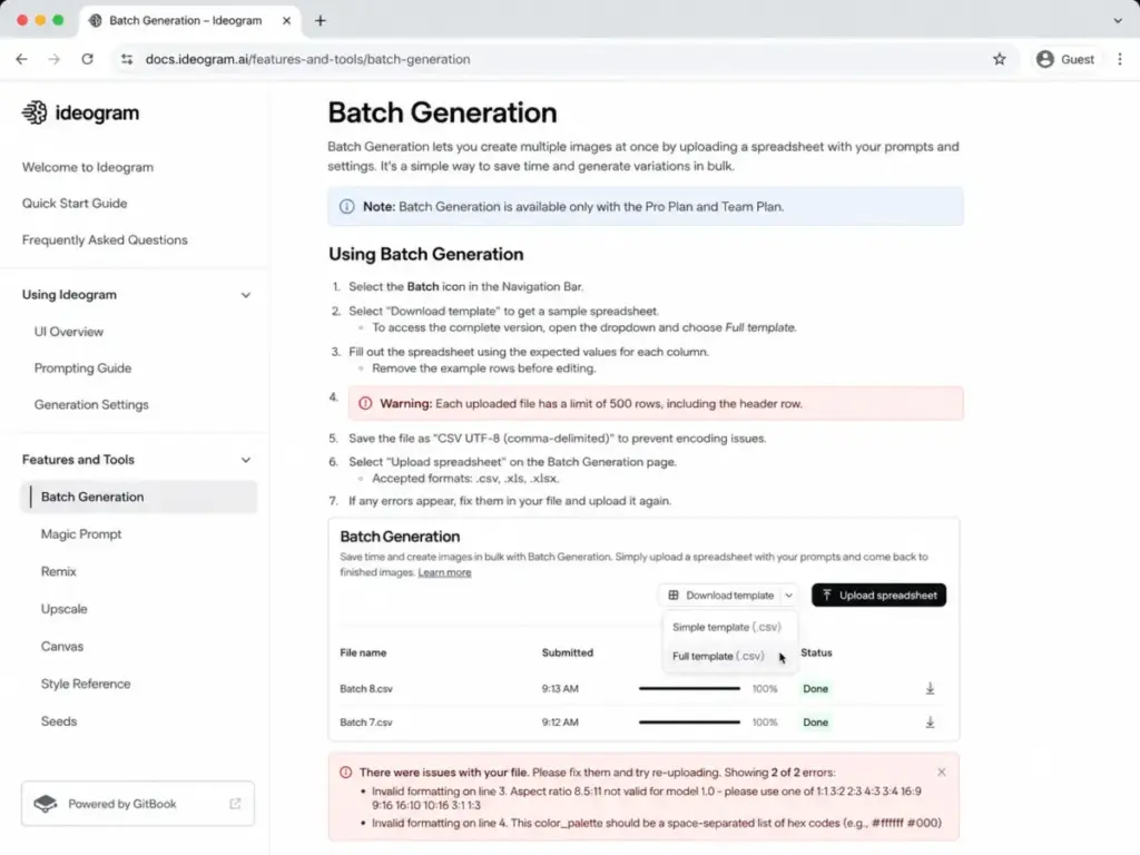 Screenshot-style mockup of the Ideogram Batch Generation documentation page showing the CSV upload flow, 500-row file limit, and Pro/Team plan requirement.