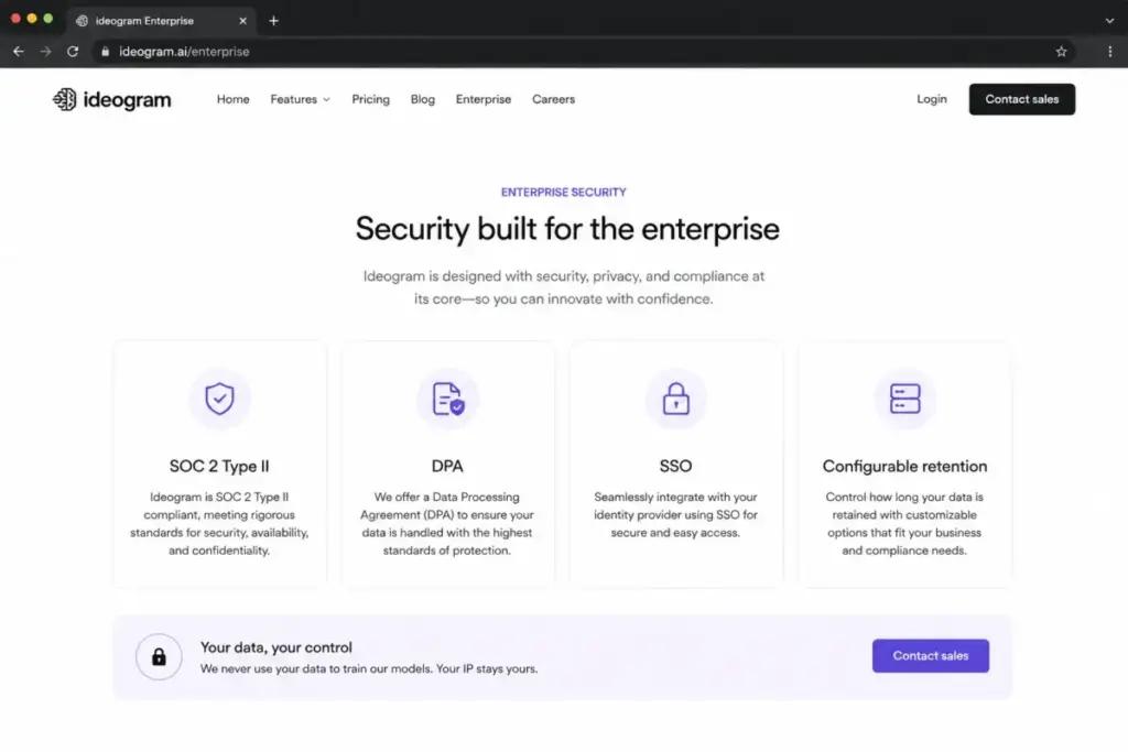 Screenshot-style mockup of the Ideogram Enterprise security section showing SOC 2 Type II, DPA, SSO, and configurable data retention.