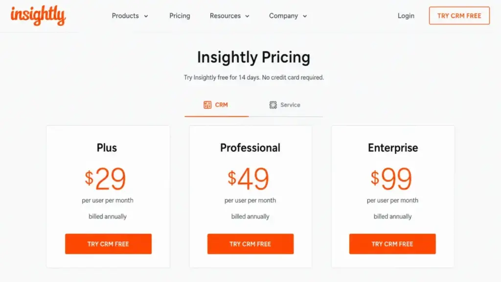 Insightly CRM pricing page showing Plus, Professional, and Enterprise plans with billed annually pricing