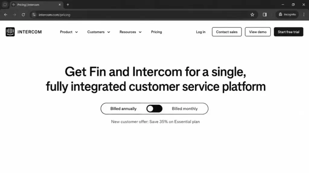 Intercom pricing page mockup showing the annual and monthly billing toggle above the pricing plans