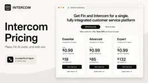 Intercom Pricing featured image showing Intercom pricing cards for Essential, Advanced, and Expert plans with Fin AI Agent costs