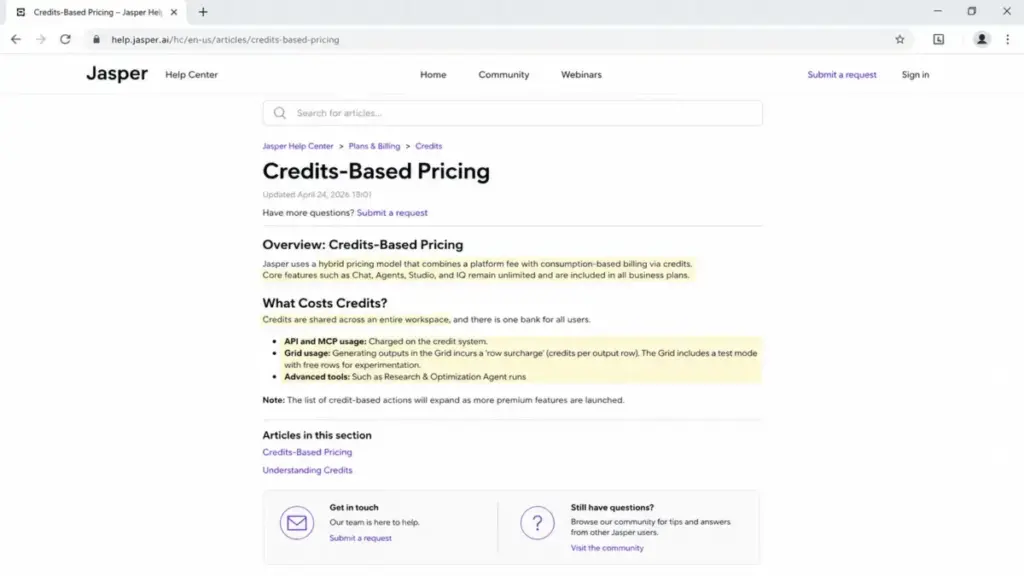 Jasper Help Center article showing credits-based pricing and credit-consuming activities.
