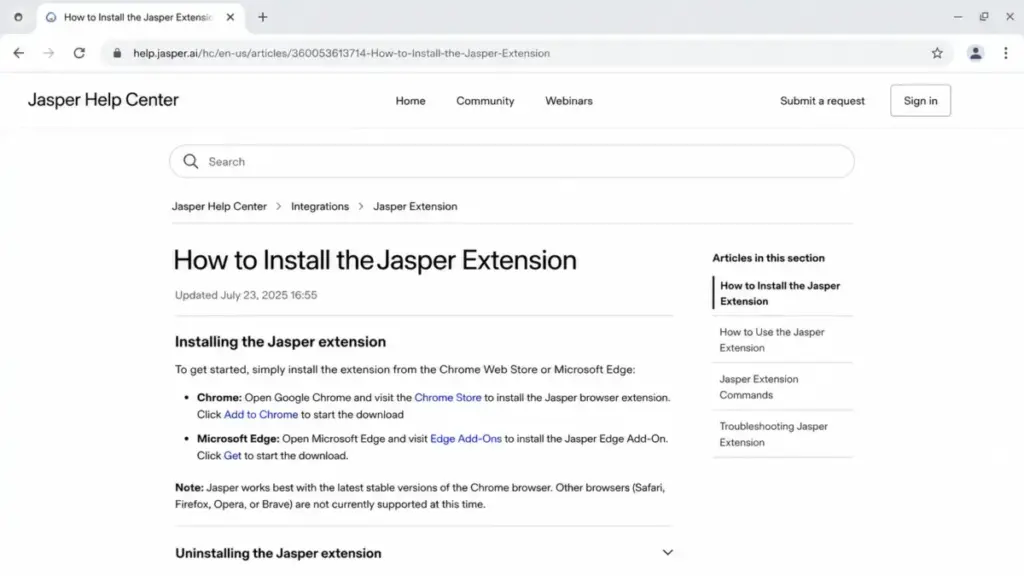 Jasper Help Center article showing Chrome and Microsoft Edge support for the Jasper extension.