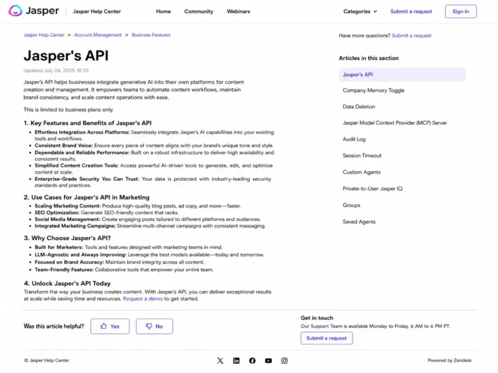 Screenshot-style mockup of the Jasper Help Center article about Jasper’s API, showing that the API is limited to Business plans only.