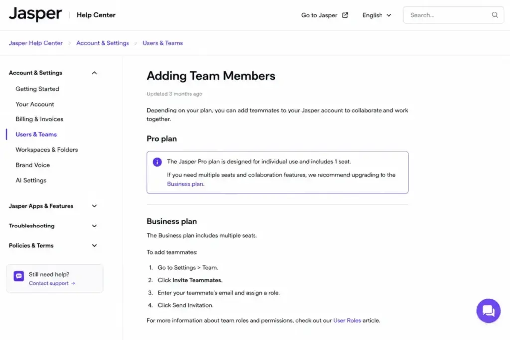 Screenshot-style mockup of Jasper Help Center article explaining that the Jasper Pro plan is designed for individual use and includes 1 seat.