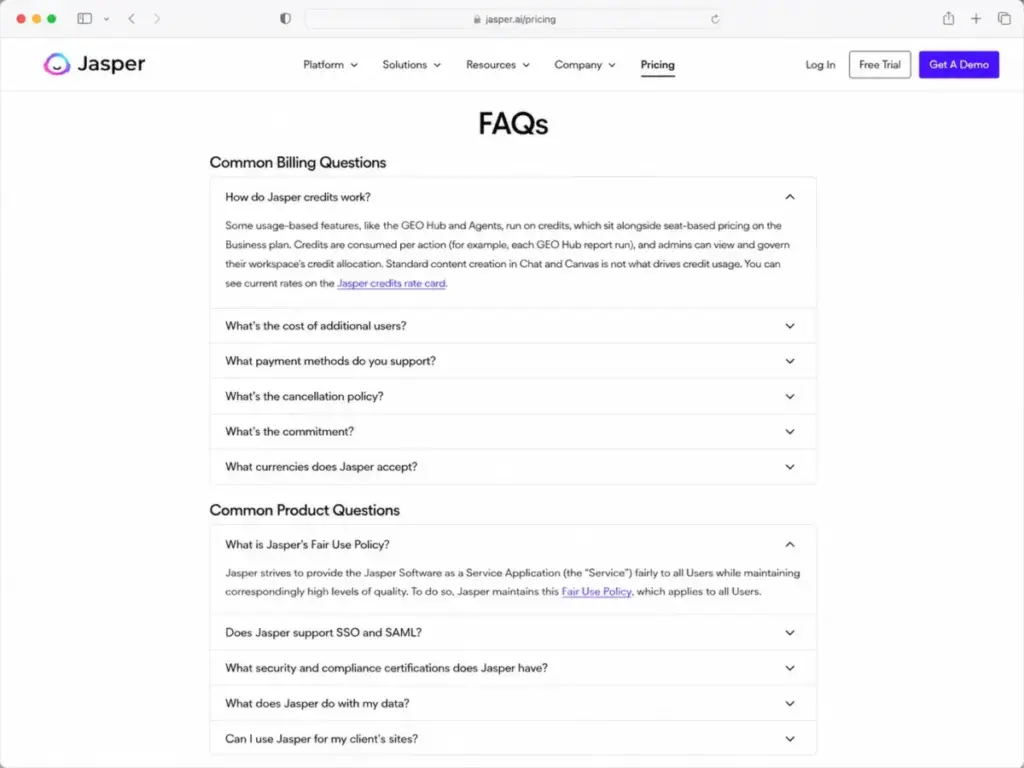 Screenshot-style mockup of Jasper’s pricing FAQ section showing how Jasper credits work and the Fair Use Policy explanation.