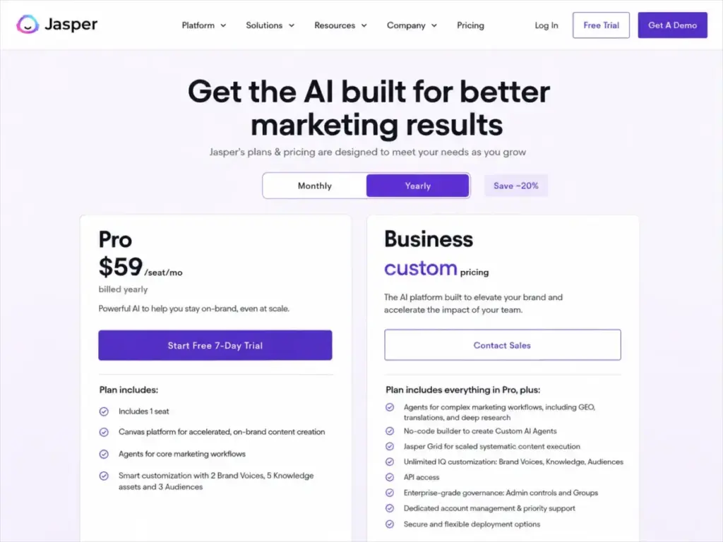 Screenshot-style mockup of the Jasper pricing page showing the Pro plan at $59/seat/mo billed yearly and the Business custom pricing plan.