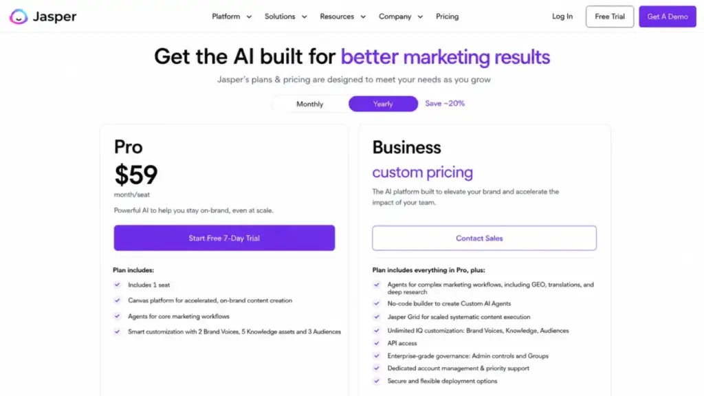 Jasper pricing page showing Pro and Business plan cards with feature lists