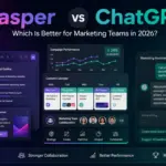 Featured image comparing Jasper vs ChatGPT for marketing teams in 2026, with AI workspace elements, a content calendar, and campaign analytics.