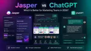 Featured image comparing Jasper vs ChatGPT for marketing teams in 2026, with AI workspace elements, a content calendar, and campaign analytics.