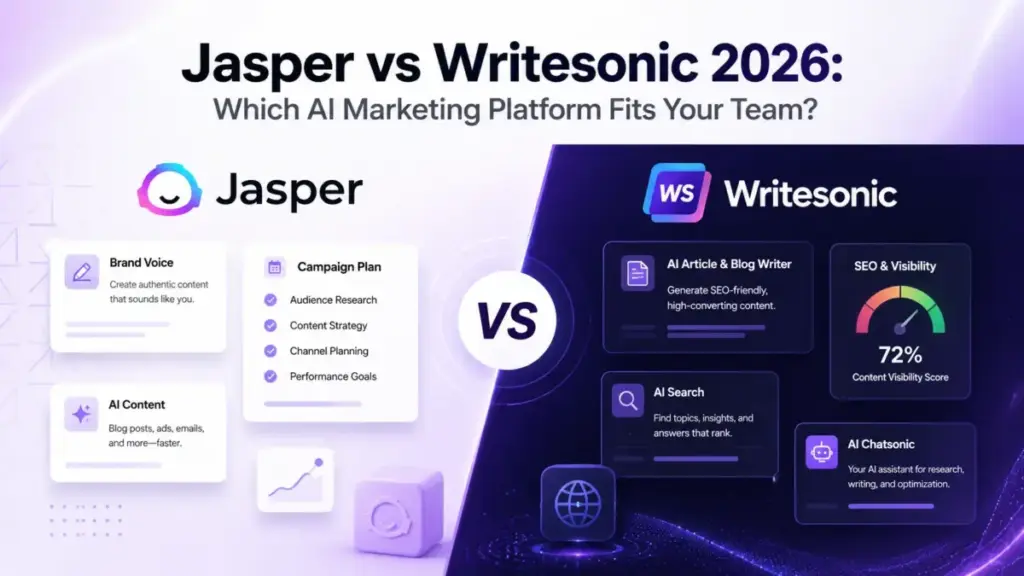 Featured image for an article comparing Jasper vs Writesonic in 2026, showing both AI marketing platforms side by side with a central VS badge.