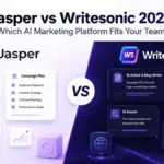 Featured image for an article comparing Jasper vs Writesonic in 2026, showing both AI marketing platforms side by side with a central VS badge.