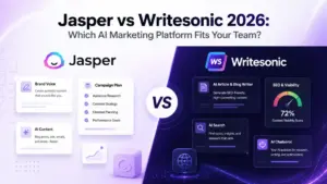Featured image for an article comparing Jasper vs Writesonic in 2026, showing both AI marketing platforms side by side with a central VS badge.