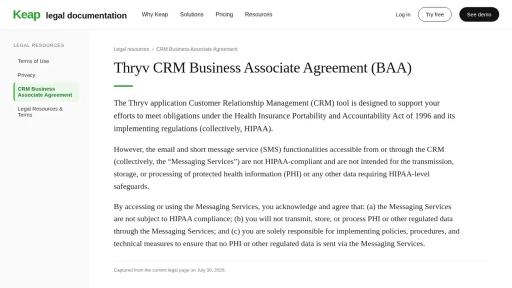 Keap CRM Business Associate Agreement clause excluding email, SMS, and messaging services from PHI handling