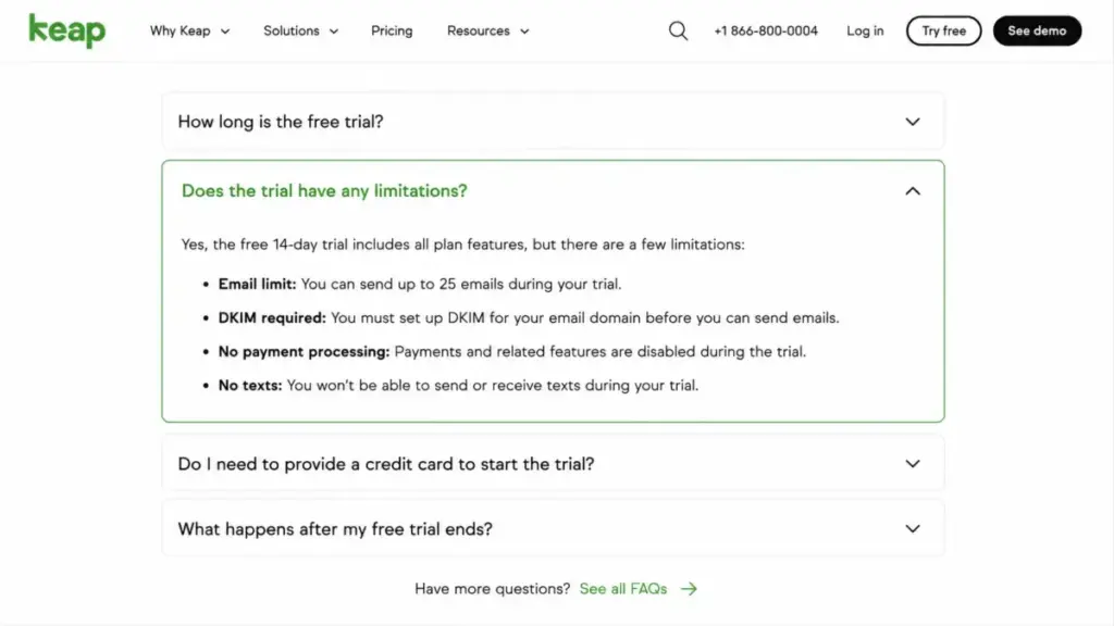 Keap free-trial FAQ showing the 25-email limit, DKIM requirement, disabled payments, and text restrictions