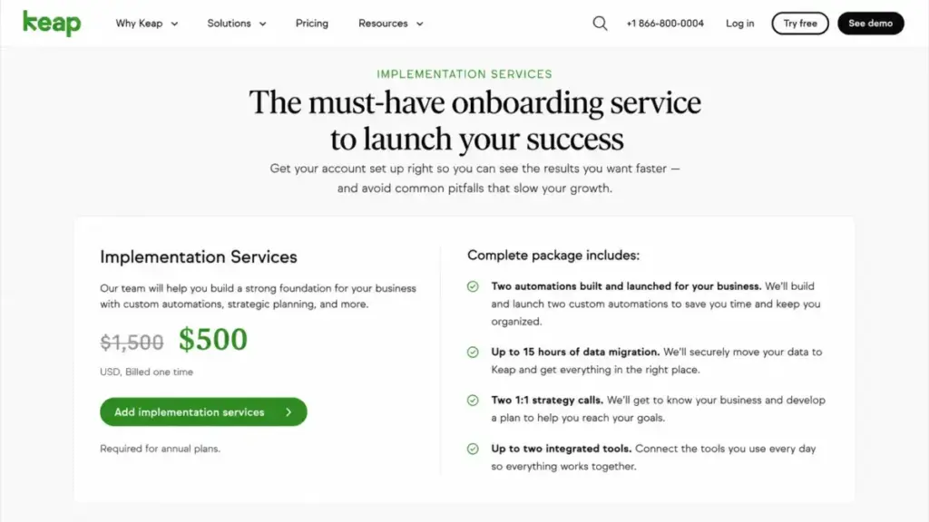 Keap Implementation Services package priced at $500, reduced from $1,500, with automation, migration, strategy calls, and integrations
