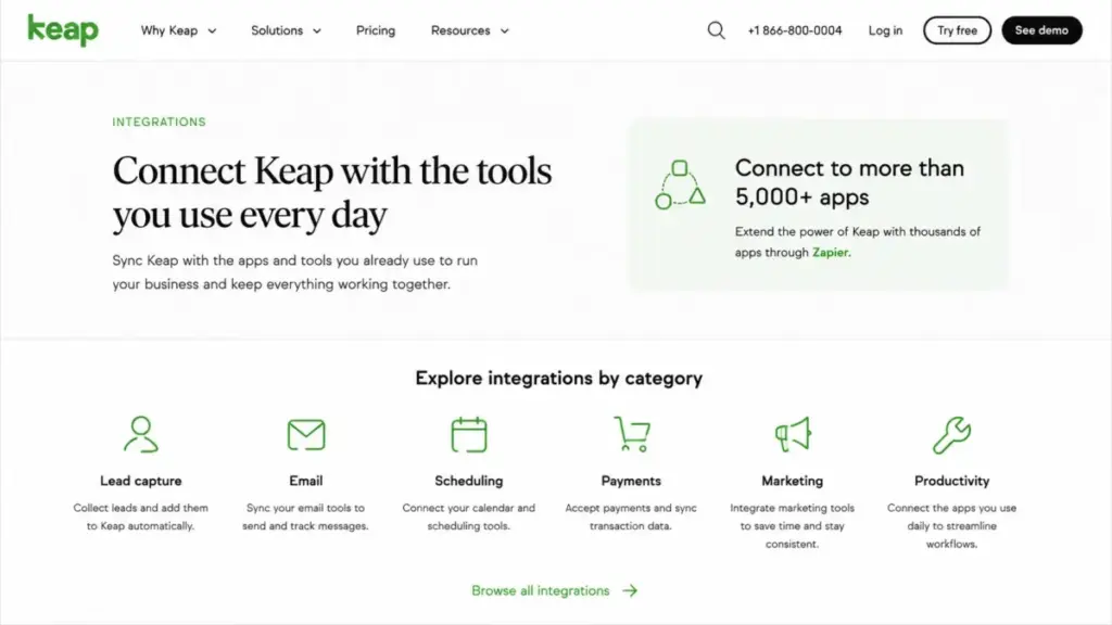 Keap integrations page showing connections to more than 5,000 apps through Zapier and integration categories