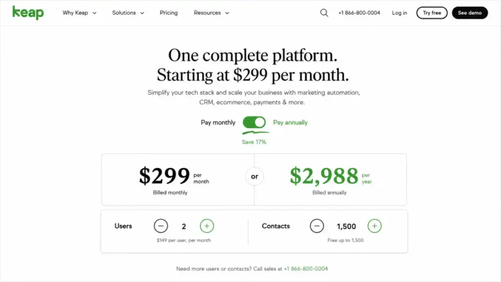Keap pricing page showing $299 per month, $2,988 per year, annual billing, user count, and contact count selectors