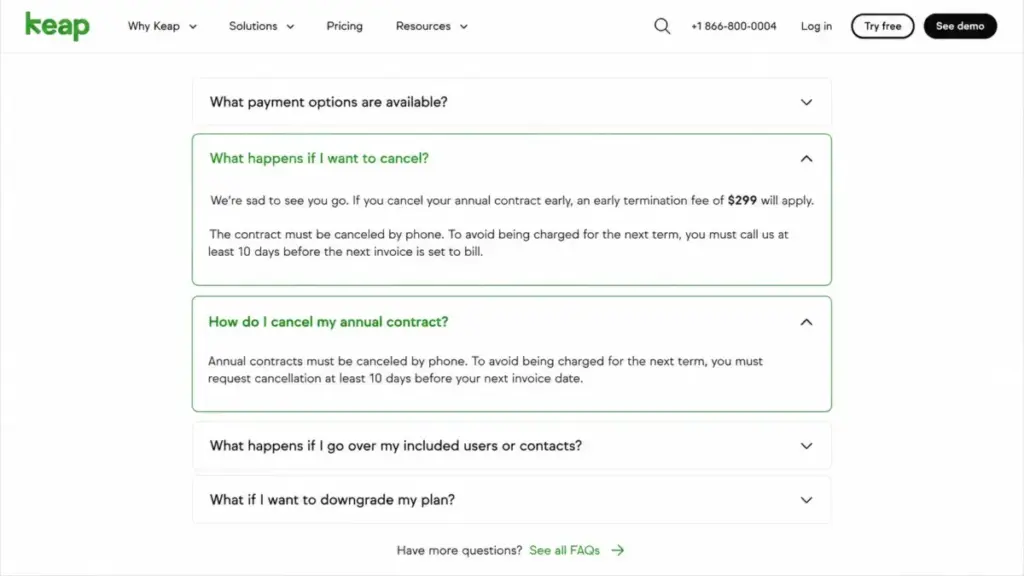 Keap pricing FAQ showing the $299 early termination fee and 10-day phone cancellation notice
