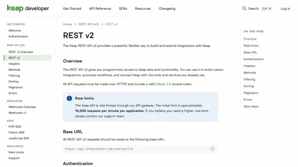 Keap REST v2 developer documentation showing an approximate API limit of 10,000 requests per minute per application