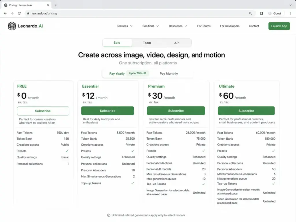 Leonardo.Ai pricing page showing Free, Essential, Premium, and Ultimate individual plans with monthly prices, fast tokens, token bank limits, and relaxed generation gates.