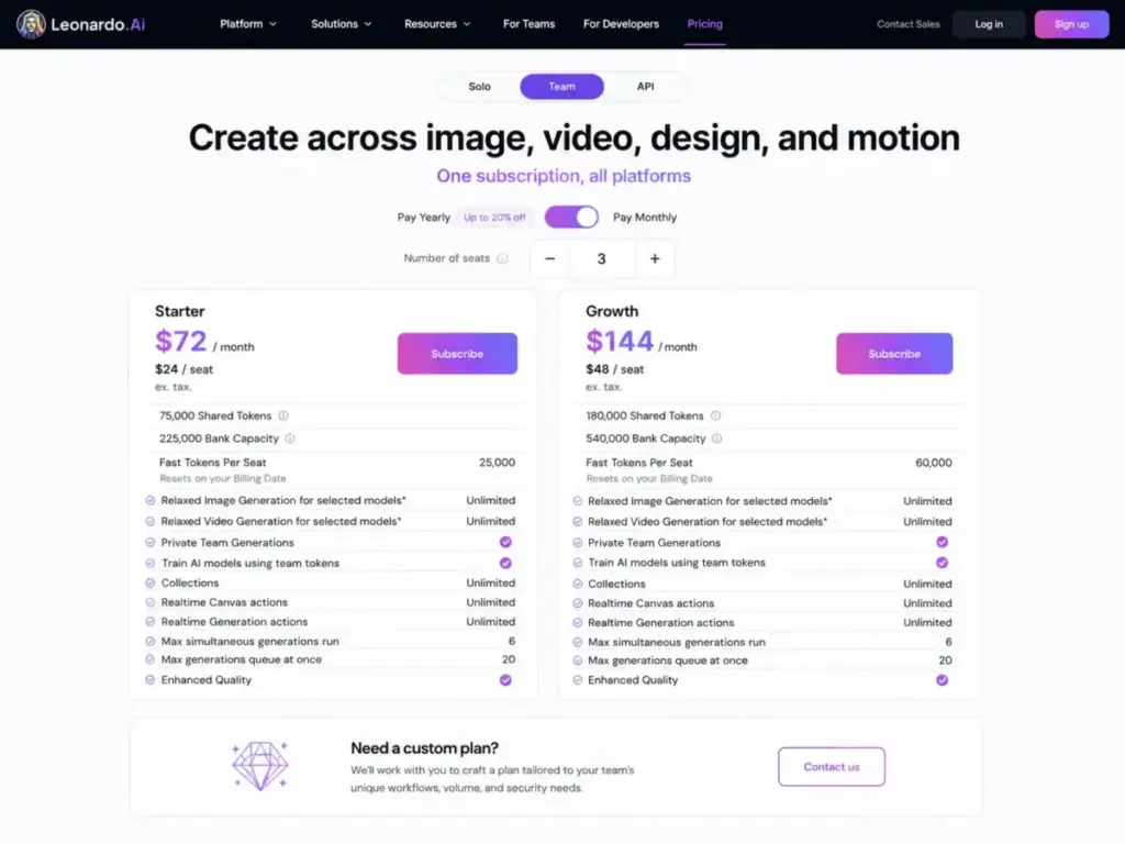 Leonardo.Ai Team pricing page showing Starter and Growth plans with seat pricing, shared tokens, and team generation features.