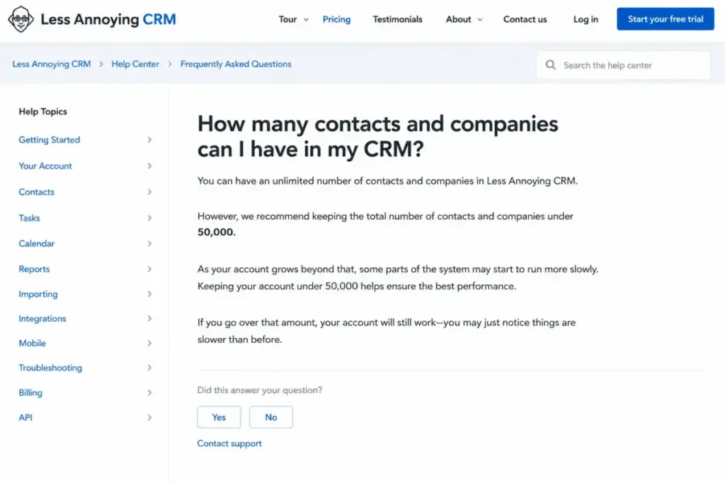 Less Annoying CRM help article recommending fewer than 50,000 contacts and companies for optimal performance.