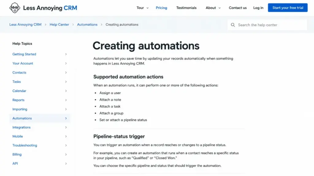 Less Annoying CRM help article showing supported automation actions and a pipeline-status trigger.