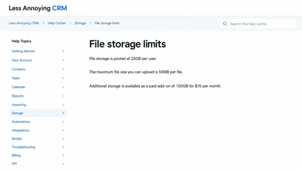 Less Annoying CRM help article showing file storage limits, including 25GB per user, 50MB per file, and a 100GB add-on.