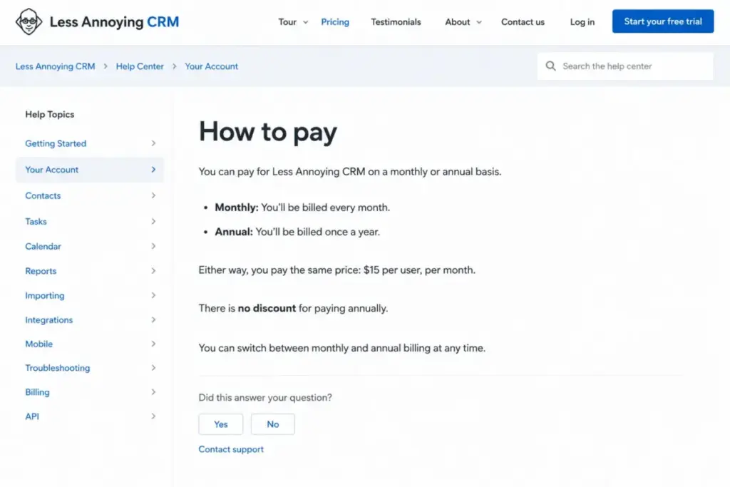 Less Annoying CRM help article explaining monthly and annual payment options with no annual discount.