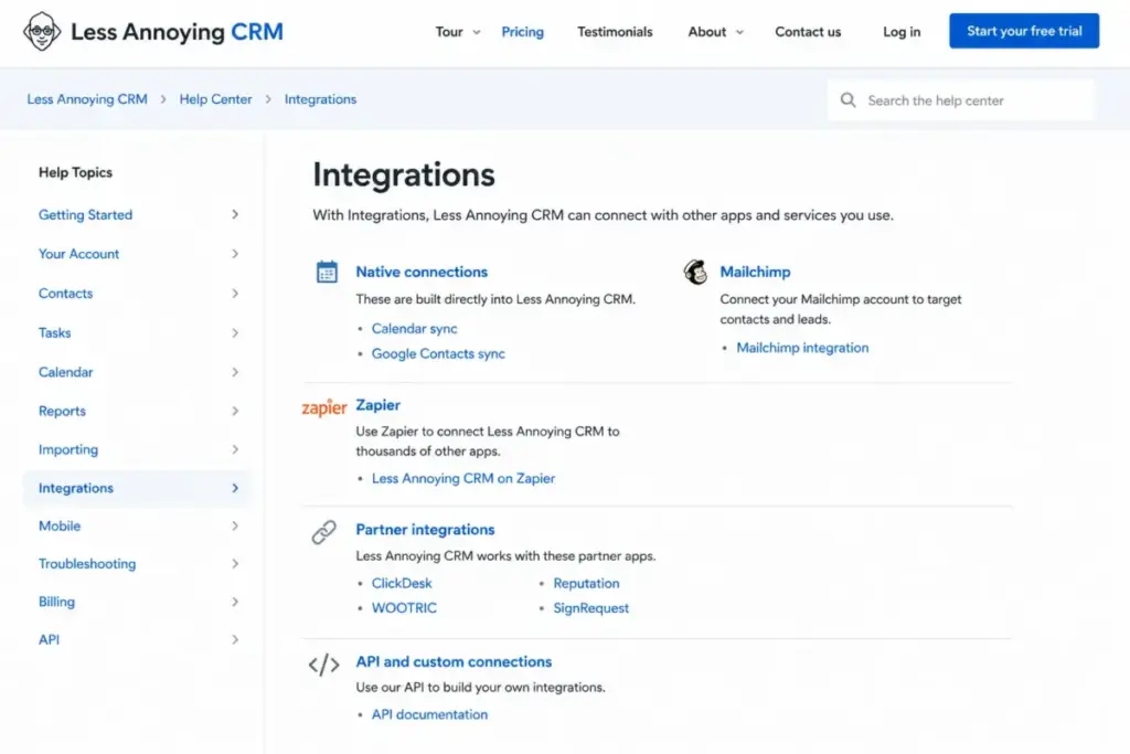 Less Annoying CRM integrations directory showing native connections, Mailchimp, Zapier, partner apps, and API options.