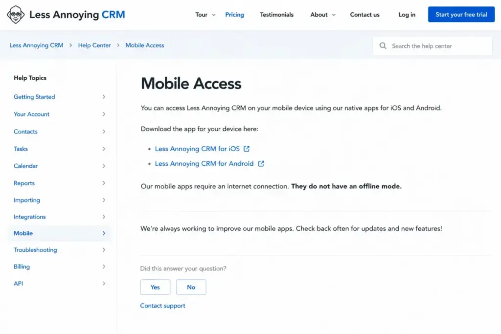 Less Annoying CRM mobile access help article showing iOS and Android app links and the lack of offline mode.
