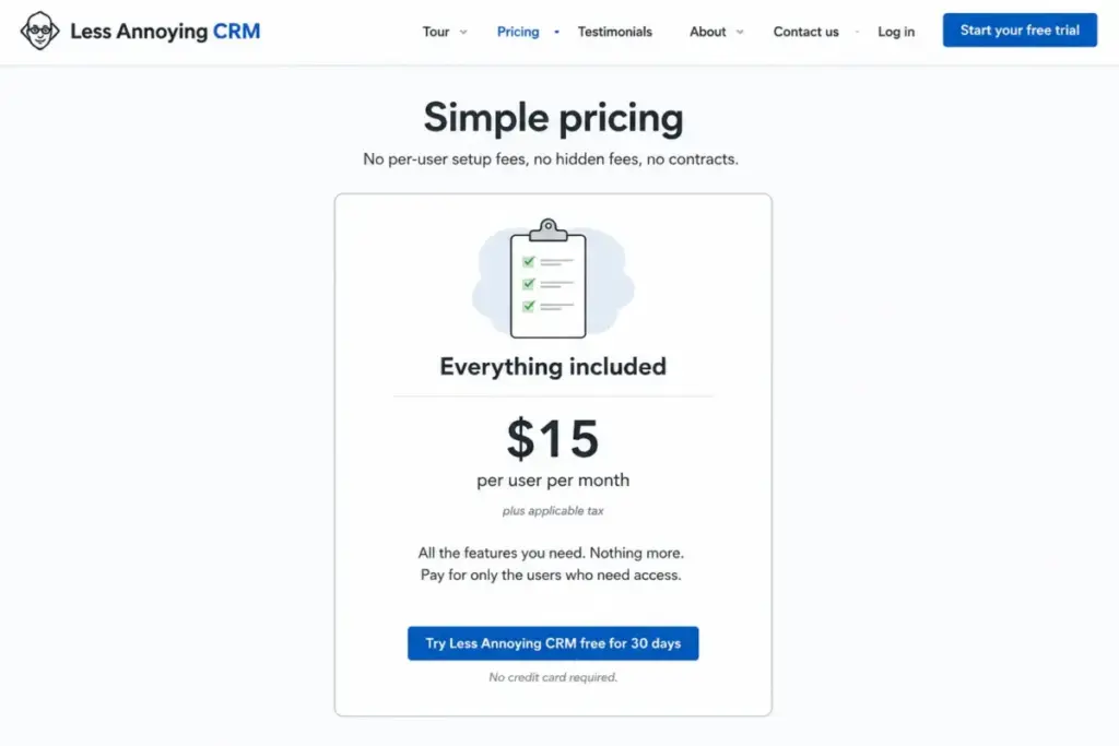 Less Annoying CRM pricing page showing one Everything included plan at $15 per user per month.