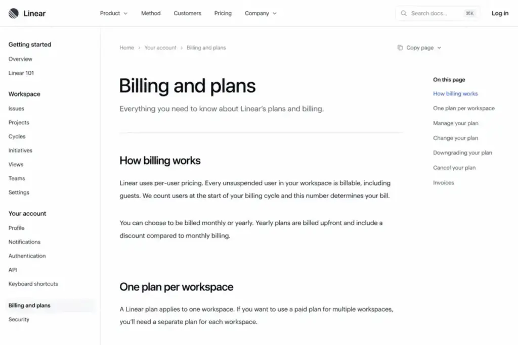 Linear Billing and plans documentation explaining billing for unsuspended users and one workspace per plan.