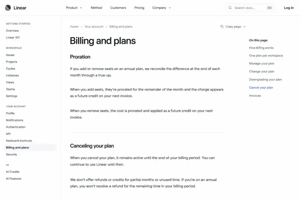 Linear billing documentation explaining annual-plan proration, future credits, and cancellation without mid-term refunds.