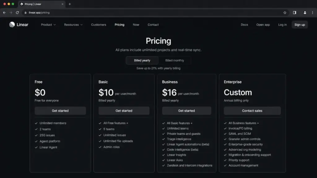 Linear pricing page showing annual billing for Free, Basic, Business, and Enterprise plans.