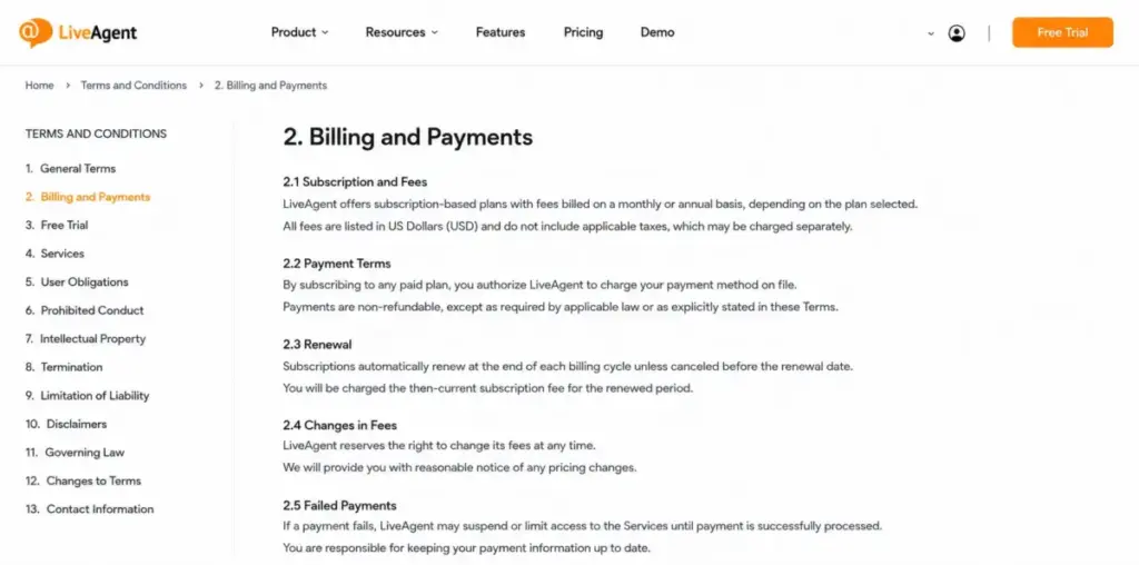 Screenshot-style mockup of the LiveAgent Terms and Conditions page showing billing and payment sections.