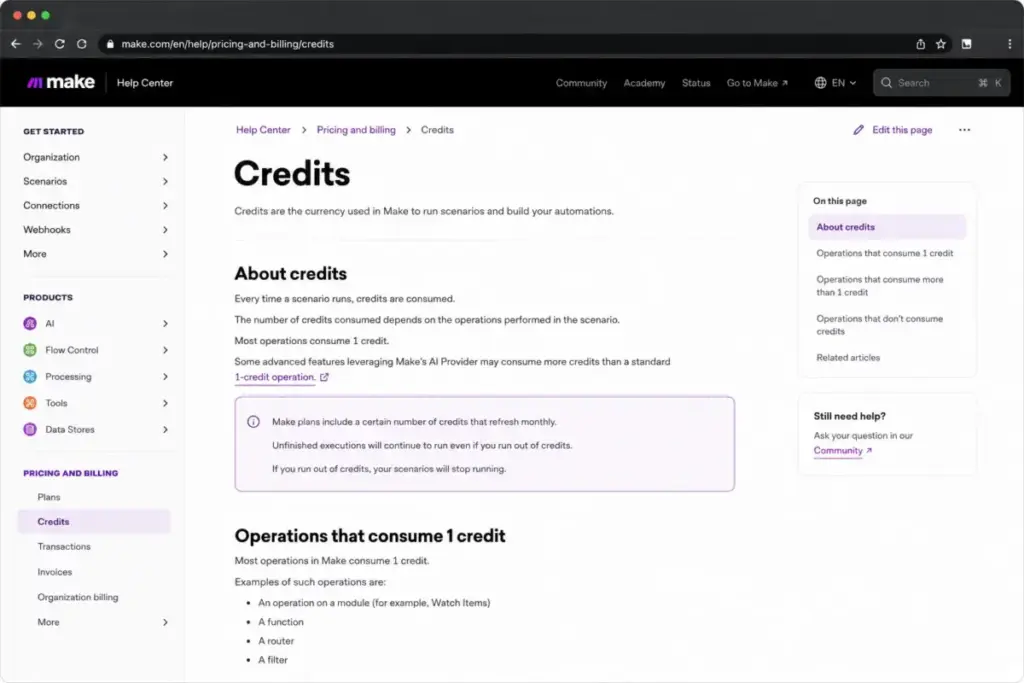 Make Help Center credits page explaining how credits are consumed and noting that AI Provider features may use more credits.