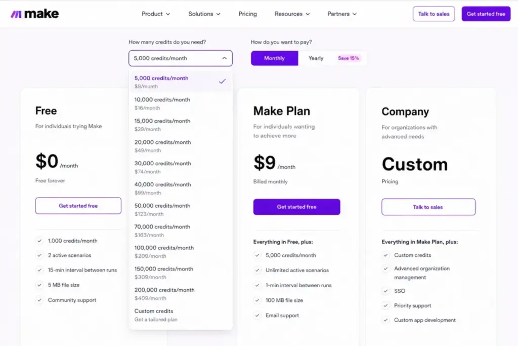 Make pricing page with expanded credit selector showing monthly credit tiers, Free plan, Make Plan, and Company plan cards.